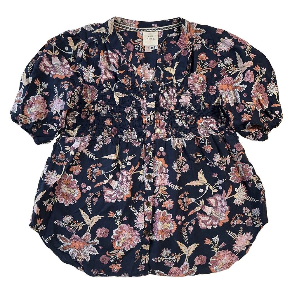 Knox Rose Women Blouse S Navy Floral Bohemian Button Smocked V-Neck Front